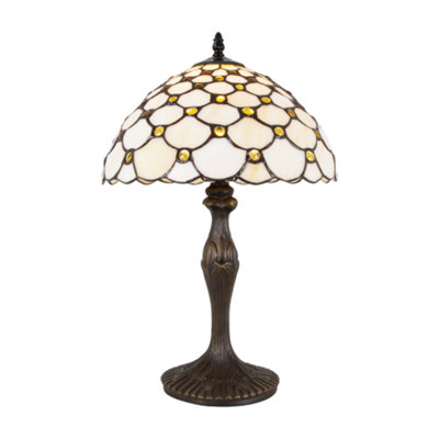 Happy Homewares Amber Traditional Stained Glass Tiffany Lamp With Beads 12In