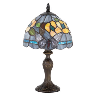 Happy Homewares Purple/Amber/Sky Blue Stained Glass Butterfly Tiffany Lamp With Roses And Strips 35Cm