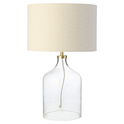 Happy Homewares Contemporary Elegant Table Lamp With Clear Glass Base And Oatmeal Linen Shade Cream