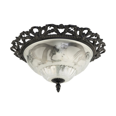 Happy Homewares Black/Light Traditional And Classic Matt And Frosted Floral Glass Flush Ceiling 11Cm