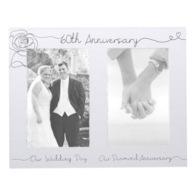 Happy Homewares Beautiful Double Picture Frame For 60Th Wedding Anniversary - Foil Text Silver - B&Q