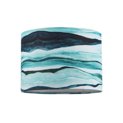 Happy Homewares Sea Waves Drum Lamp Shade In Teal Duck Egg And Navy - 25Cm Linen Fabric Blue
