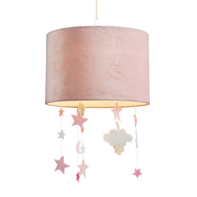Happy Homewares Pink Soft Blush Velvet Pendant Lamp Shade With Hanging Felt Stars And Clouds 20Cm