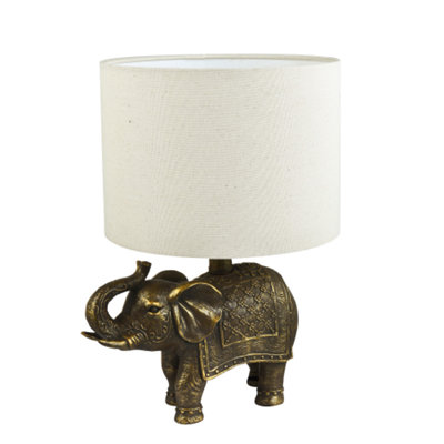 Happy Homewares Antique Gold Vintage Elephant Resin Lamp With Off-White Oatmeal Linen Shade Gold/White - B&Q