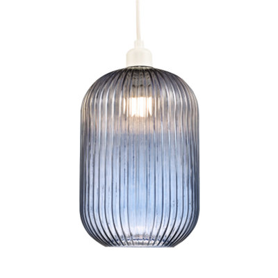 Happy Homewares Contemporary Chic Navy Midnight Line Ribbed Glass Pendant Shade Blue/Light