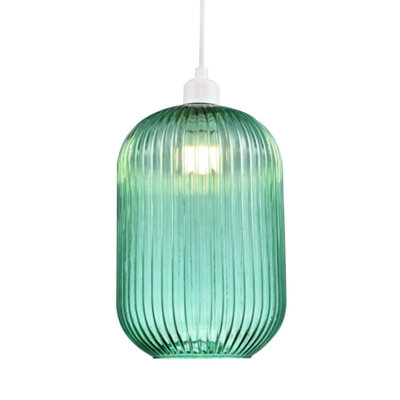 Happy Homewares Contemporary Chic Emerald Forest Green Line Ribbed Glass Pendant Light Shade Green/Light