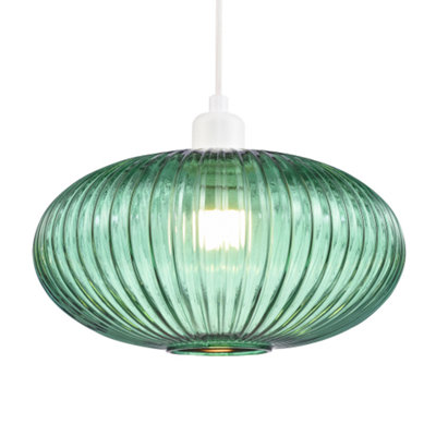 Happy Homewares Green Modern Designer Emerald Forest Line Ribbed Glass Oval Pendant Lamp Shade 17Cm
