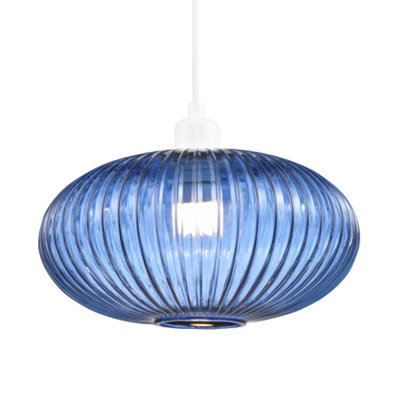 Happy Homewares Blue Modern Designer Navy Midnight Line Ribbed Glass Oval Pendant Lamp Shade 17Cm