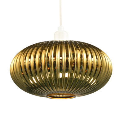 Happy Homewares Gold Modern Designer Shiny Plated Line Ribbed Glass Oval Pendant Lamp Shade 17Cm