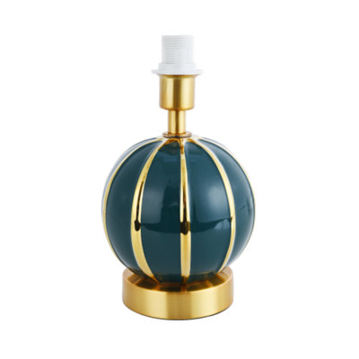 Happy Homewares Classic Dark Teal Gloss Ceramic Spherical Table Lamp With Polished Gold Stripes