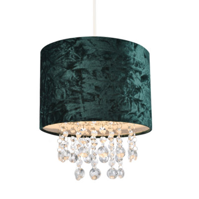 Happy Homewares Modern Forest Crushed Velvet Pendant Shade With Clear Acrylic Droplets Green