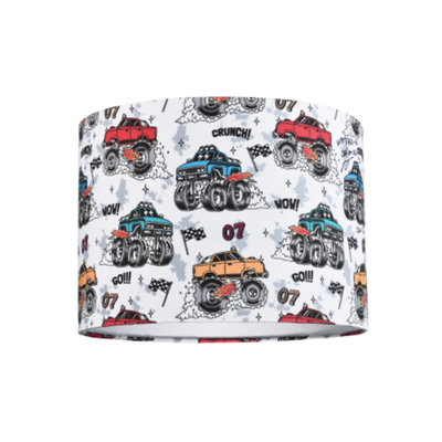 Happy Homewares White/Light Modern And Colourful Monster Trucks Kids Cotton Fabric Drum Lamp Shade - 25Cm