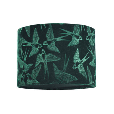 Happy Homewares Dark/Green Bird Decorated Forest Velvet Fabric Lamp Shade With Inner Lining 18Cm