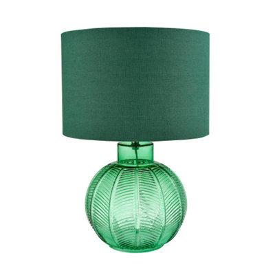 Happy Homewares Contemporary Emerald Glass Lamp In Leaf Design And Forest Shade Green