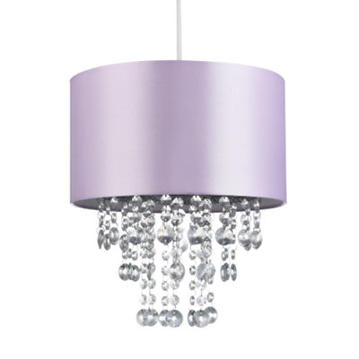 Happy Homewares Lilac/Light Modern Satin Fabric Pendant Shade With Transparent Acrylic Droplets 17Cm