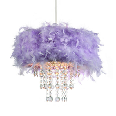 Happy Homewares Contemporary Feather Pendant Shade With Transparent Acrylic Droplets Lilac/Light