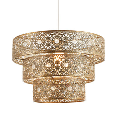 Happy Homewares Gold Polished Acrylic Gem Moroccan Style Triple Tier Pendant Lighting Shade Small B&Q