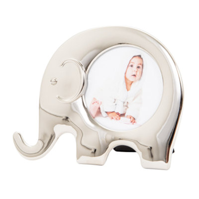 Happy Homewares Modern Standing Elephant Themed Shiny Nickel Plated Baby Circular Picture Frame Black