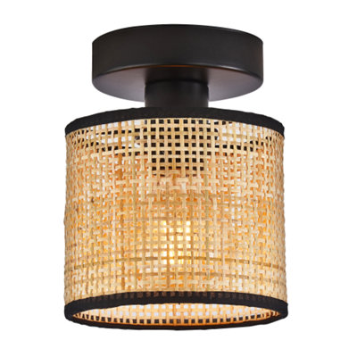Happy Homewares Light/Black Natural Woven Rattan Ceiling Fitting With Cotton Fabric Trim 19Cm
