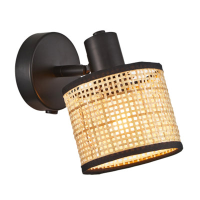 Happy Homewares Light/Black Natural Woven Rattan Switched Wall Light Fitting With Black Cotton Fabric Trim - B&Q