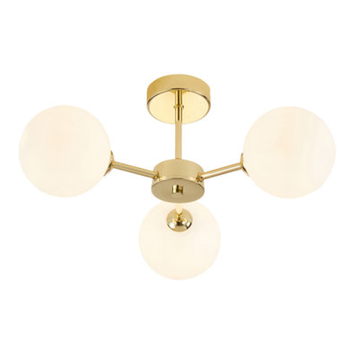 Happy Homewares Contemporary Chic Polished Gold Ceiling Light With Opal White Globe Glass Shades from B&Q