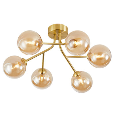 B&Q -  Designer Satin Gold 6-Arm Ceiling Light Fixture With Amber Tinted Glass Shades