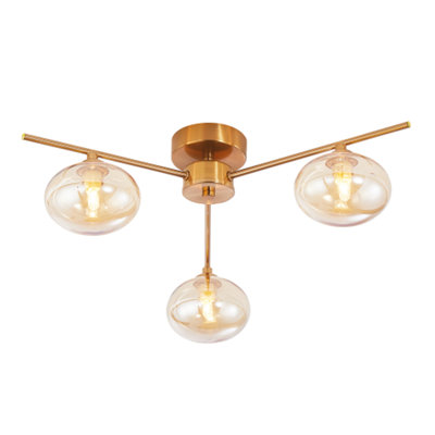 Happy Homewares Light/Amber Modern Triple Branch Satin Brass Ceiling Fitting With Glass Shades 15Cm