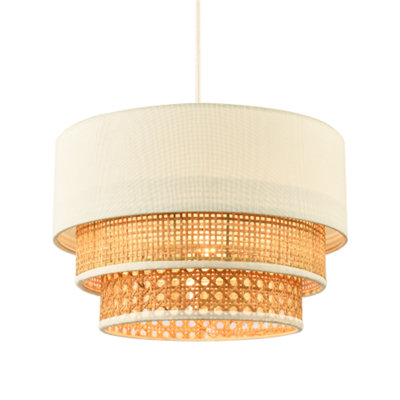 B&Q -  Contemporary Triple Tier Cream Linen And Natural Rattan Pendant Shade
