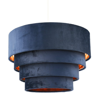 Happy Homewares Sleek Four Tier Pendant Shade In Navy Velvet With Copper Inner Blue