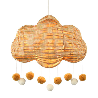 Happy Homewares Light Cloud Shaped Childrens Rattan Pendant Shade With Pom Pom Balls 24Cm