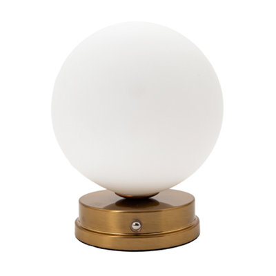 Happy Homewares Modern Gold Rechargeable Touch Dimmable Table Lamp With White Glass Globe Shade from B&Q