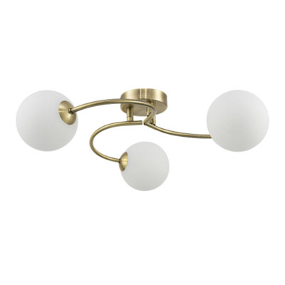 Happy Homewares Modern 3-Arm Antique Brass Ceiling Light With Opal Swirl Glass Spherical Shades B&Q