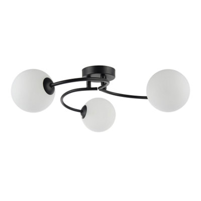 Happy Homewares Black/Light Modern 3-Arm Matte Ceiling With Opal Swirl Glass Spherical Shades 17Cm