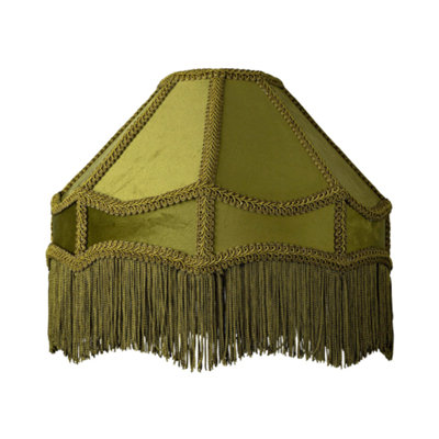 Happy Homewares Traditional Victorian Empire Lamp Shade In Olive Velvet With Long Tassels Green