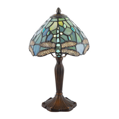 Happy Homewares Handmade Emerald Green Stained Glass 8 Inch Tiffany Lamp With Dragonfly Design