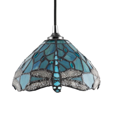 Happy Homewares Dragonfly Themed Emerald Stained Glass Tiffany Pendant Lighting Shade With Beads from B&Q