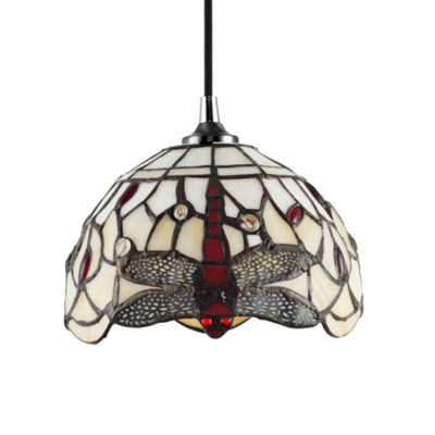 Happy Homewares Dragonfly Themed White Stained Glass Tiffany Pendant Lighting Shade With Beads