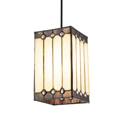 Happy Homewares Square Lantern Opal Stained Glass Tiffany Pendant Shade With Clear Beads White