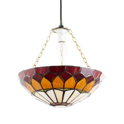 Happy Homewares And Stained Glass Domed Tiffany Pendant Lamp Shade With Chain Amber/Red