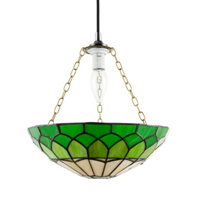 Happy Homewares And Stained Glass Domed Tiffany Pendant Lamp Shade With Chain Amber/Green