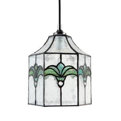 Happy Homewares Green Classic Lantern Tiffany Pendant Shade With Clear Water Glass And Emerald 21Cm