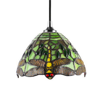 Happy Homewares Dragonfly Themed Stained Glass Tiffany Pendant Lighting Shade With Beads Green