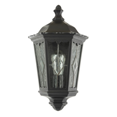 Happy Homewares Traditional Black Half Lantern Outdoor Wall Lamp With Cathedral Textured Glass