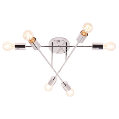Happy Homewares Light Industrial Designer Styled Polish Chrome Ceiling With Straight Metal Arms 19Cm