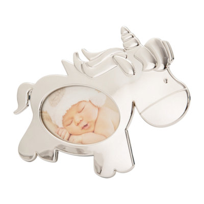 Happy Homewares Cute Unicorn Themed Shiny Nickel Plated Metal Baby Oval Picture Frame Black