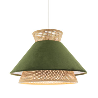 Happy Homewares Designer Olive Velvet And Natural Rattan Pendant Lighting Shade Dark