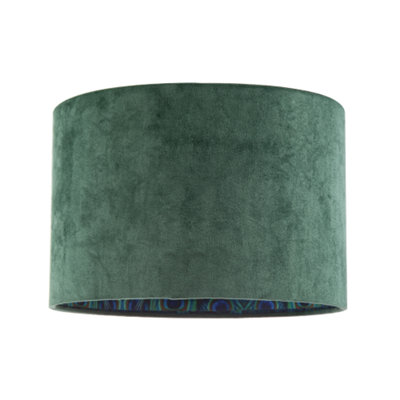Happy Homewares Forest Velvet Lamp Shade With Colourful Peacock Feather Inner Green