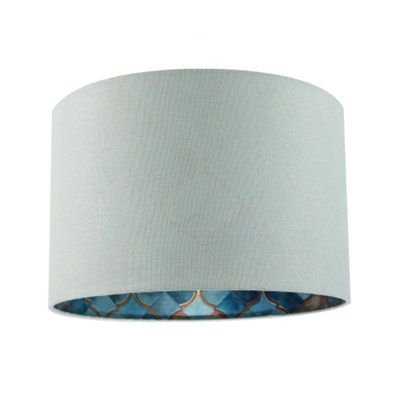 Happy Homewares Blue/Gold Designer Duck Egg Linen Lamp Shade With Moroccan Scale Pattern Lining 20Cm
