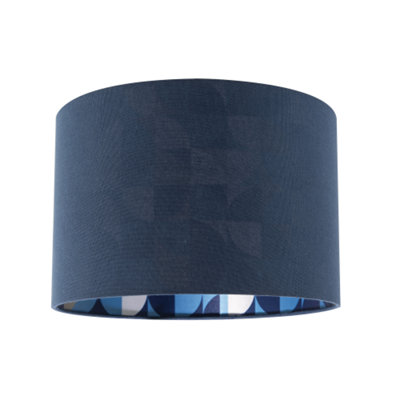 Happy Homewares Blue Designer Midnight Linen Lamp Shade With Geometric Pattern Lining 20Cm