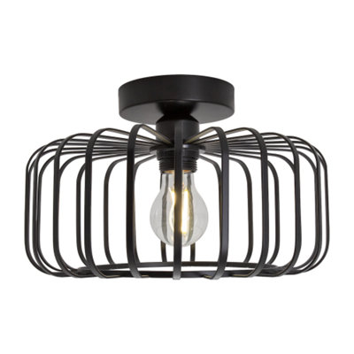 Happy Homewares Black/Light Industrial Cage Designed Matte Metal Semi Flush Ceiling 18Cm